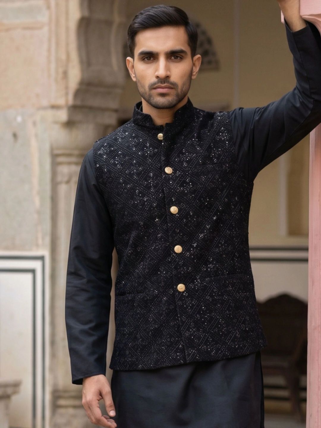 Jompers Embellished Velvet Nehru Jackets