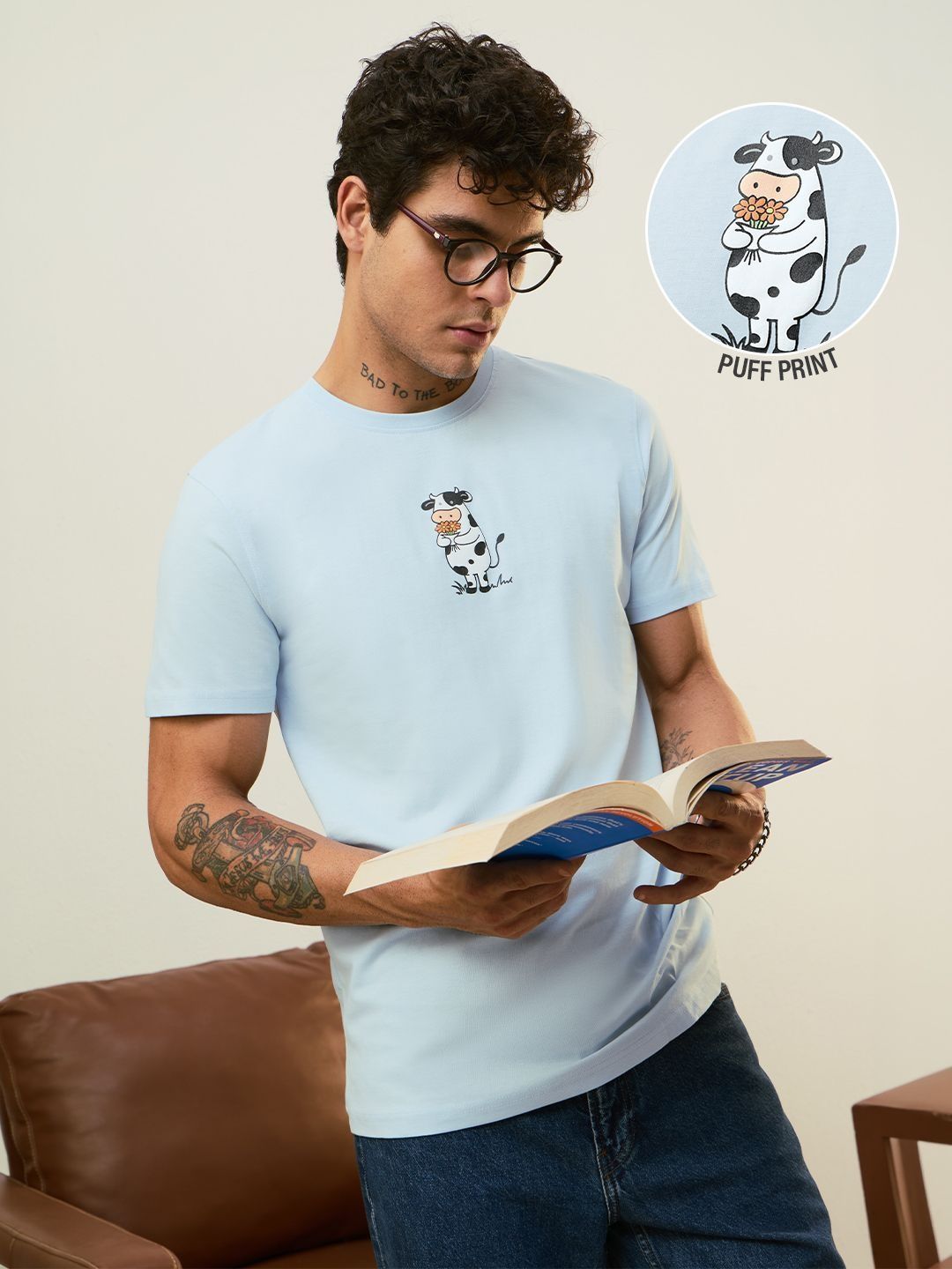 The Souled Store Men Regular Fit Puff Print Blue T-Shirts