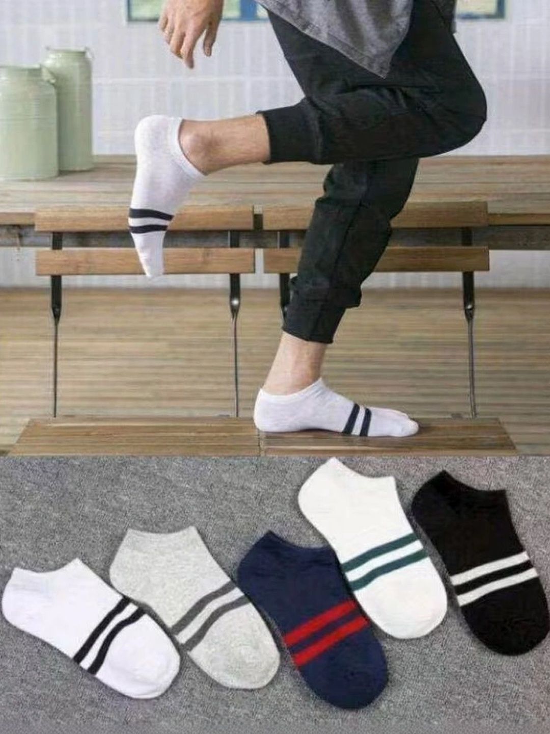 BEAR&BEYOND Men Pack of 5 Cotton Assorted Striped Ankle Length Socks