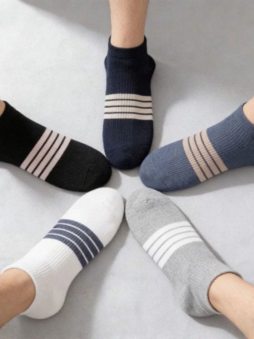 BEAR&BEYOND Men Pack of 5 Cotton Assorted Striped Ankle Length Socks