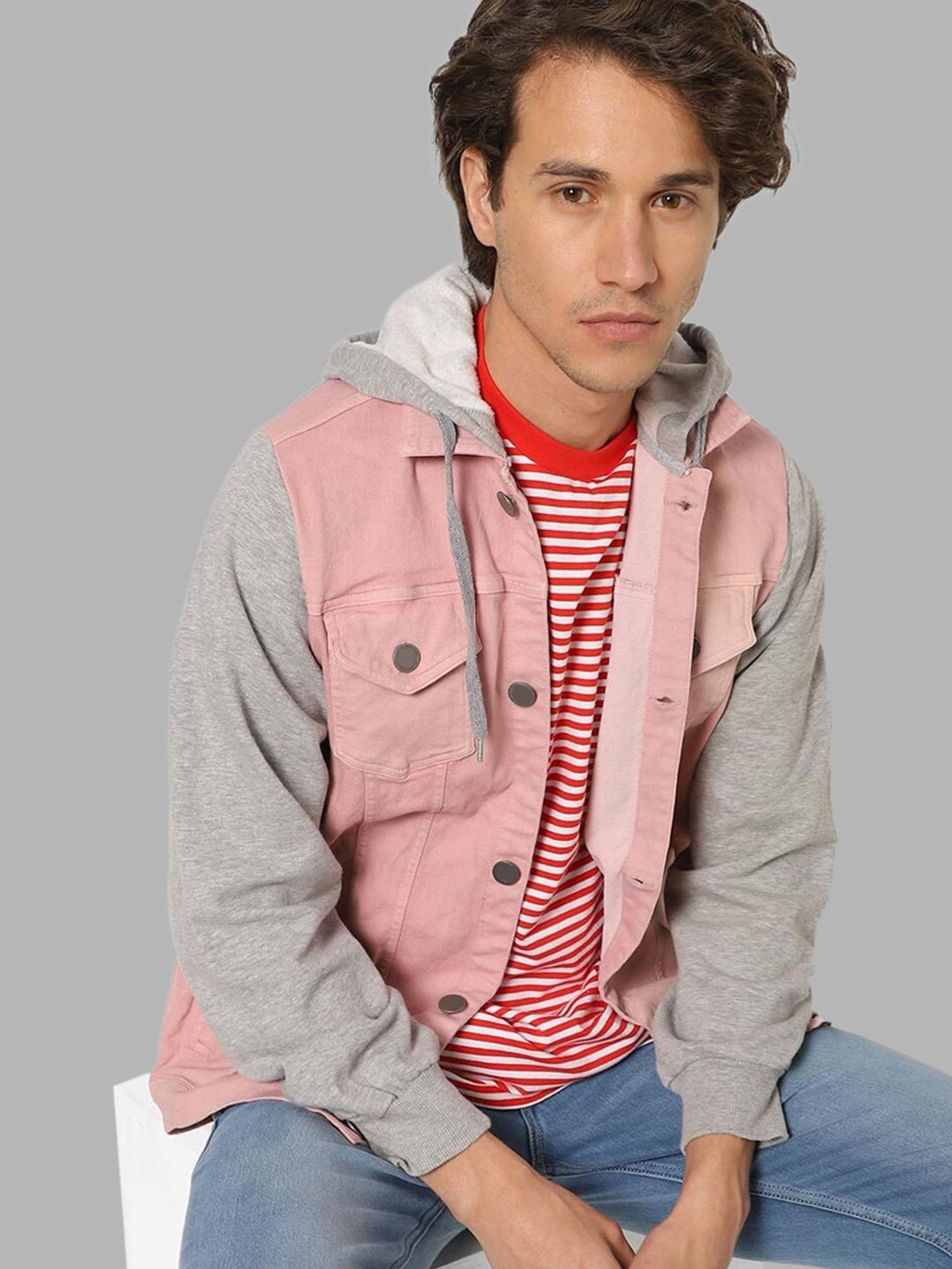 CAHOOT Men Pink Grey Colourblocked Windcheater Outdoor Tailored Jacket