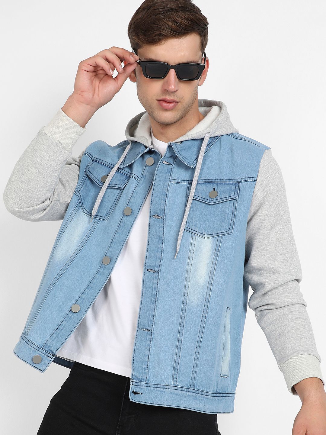 CAHOOT Blue & Grey Washed Colourblocked Windcheater Hooded Cotton Denim Jacket