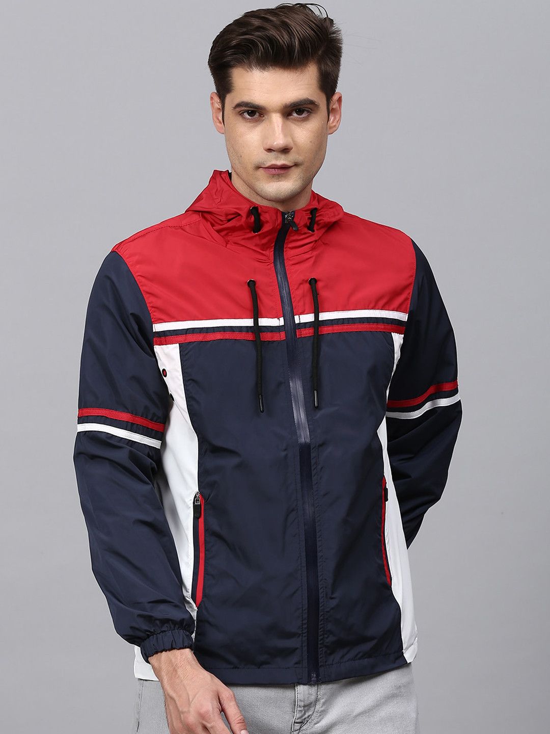 CAHOOT Men Blue & Red Colourblocked Windcheater Outdoor Sporty Jacket