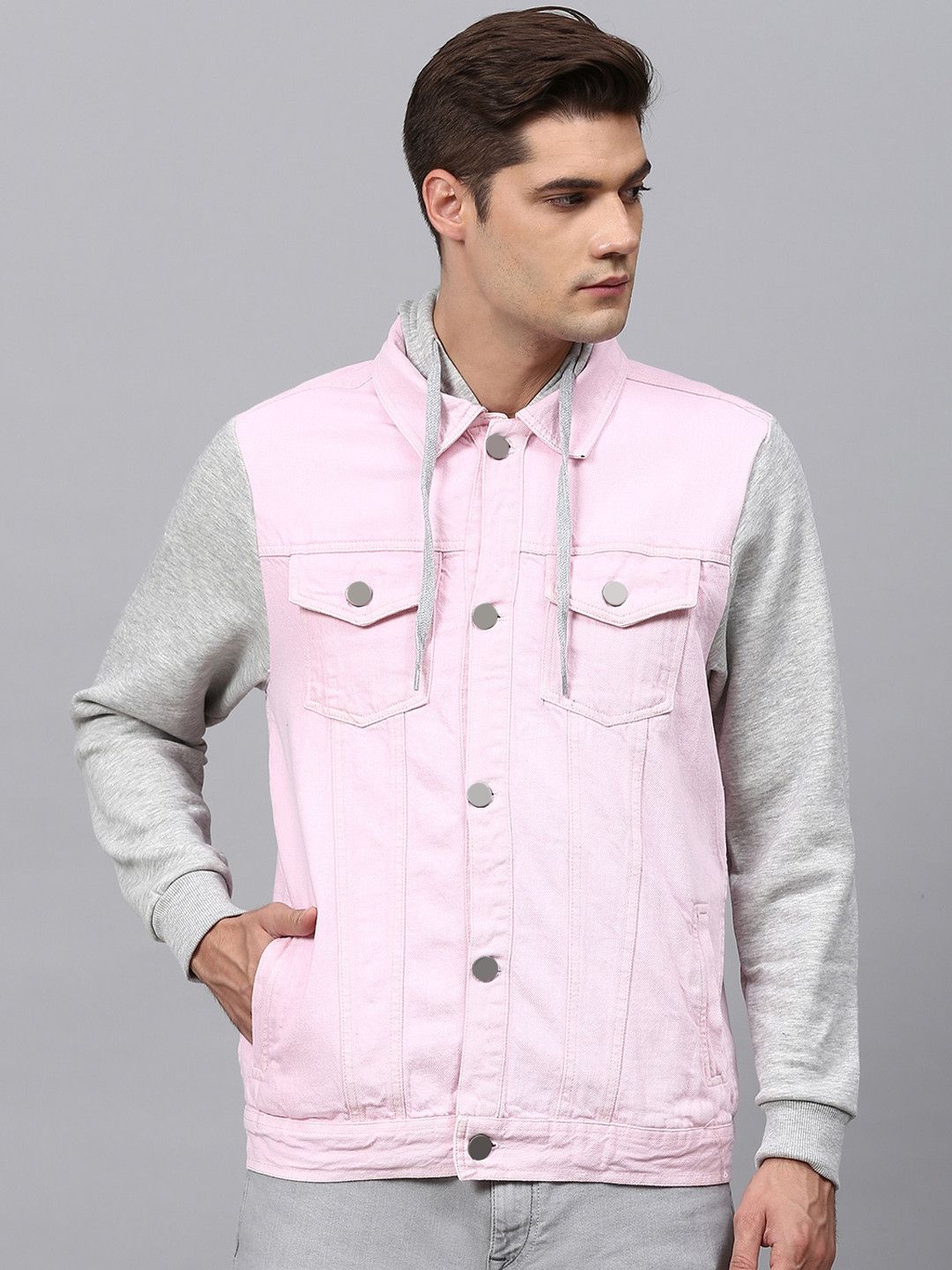 CAHOOT Men Pink Colourblocked Windcheater Cotton Denim Jacket