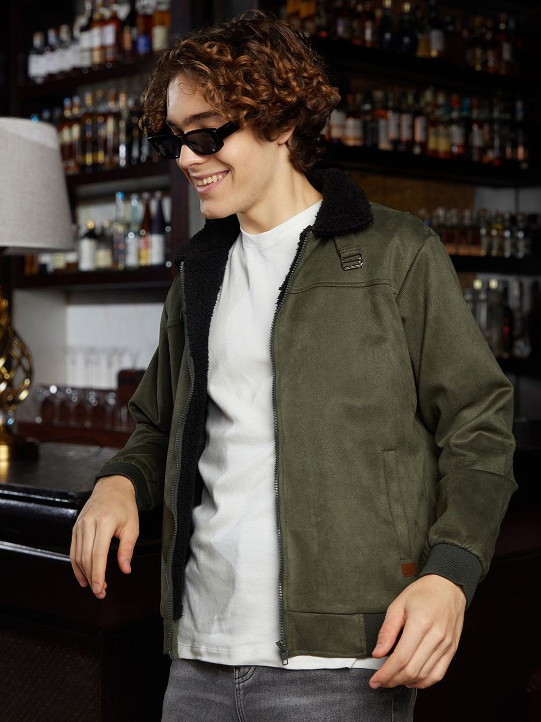 CAHOOT Men Solid Suede Lightweight Bomber Jacket