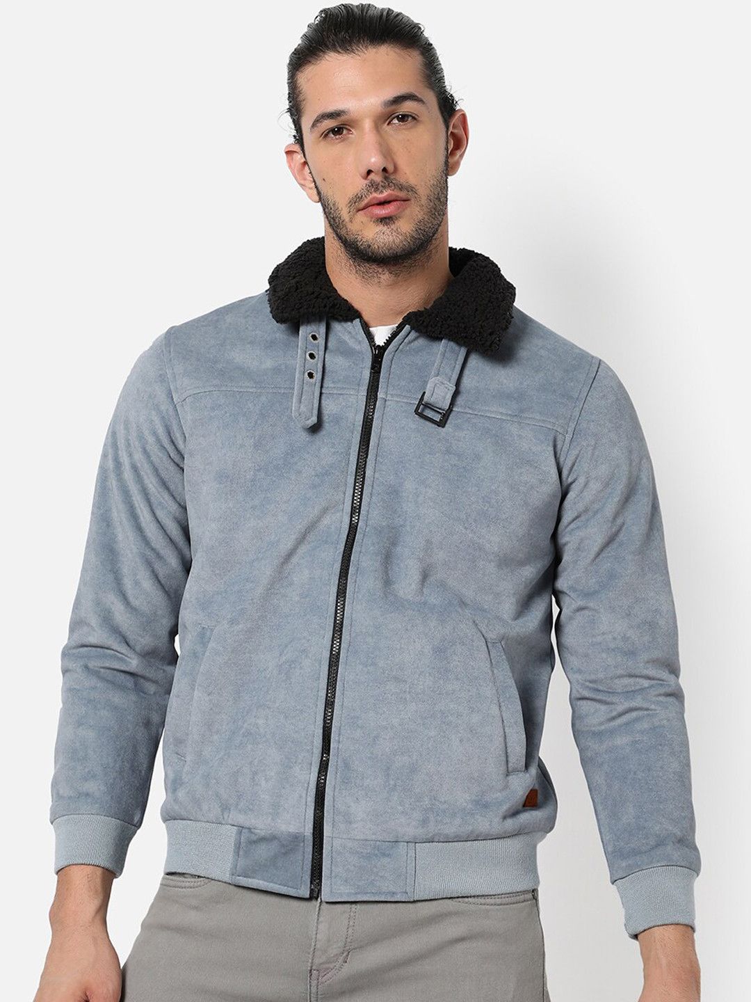 CAHOOT Men Blue Grey Suede Windcheater Outdoor Open Front Jacket