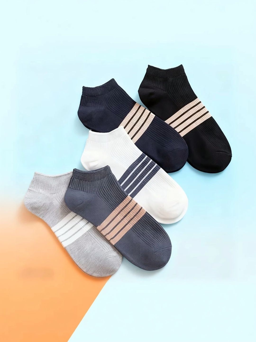 BEAR&BEYOND Men Pack of 5 Cotton Assorted Striped Ankle Length Socks