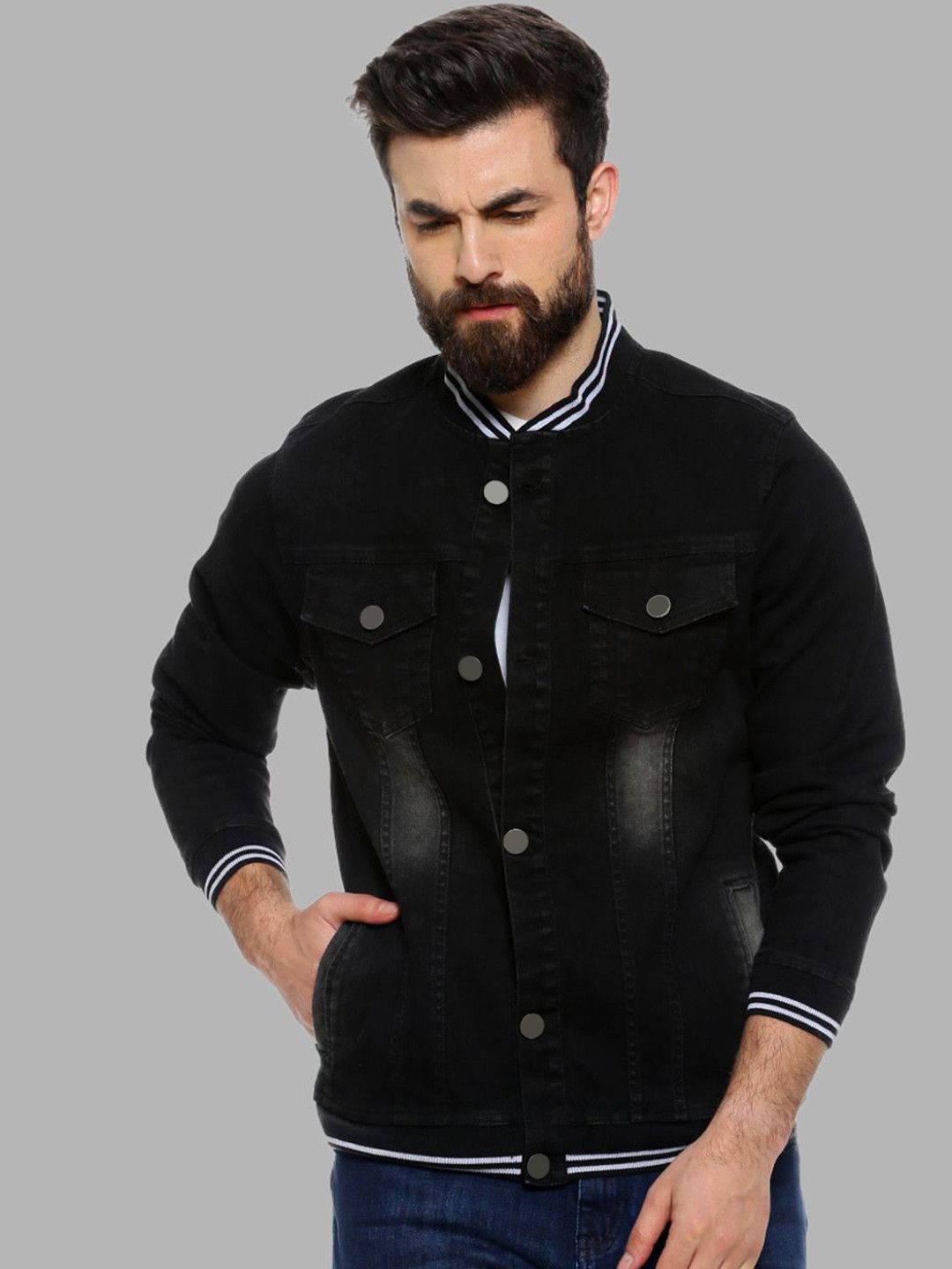 CAHOOT Men Black Geometric Windcheater Outdoor Cotton Denim Jacket