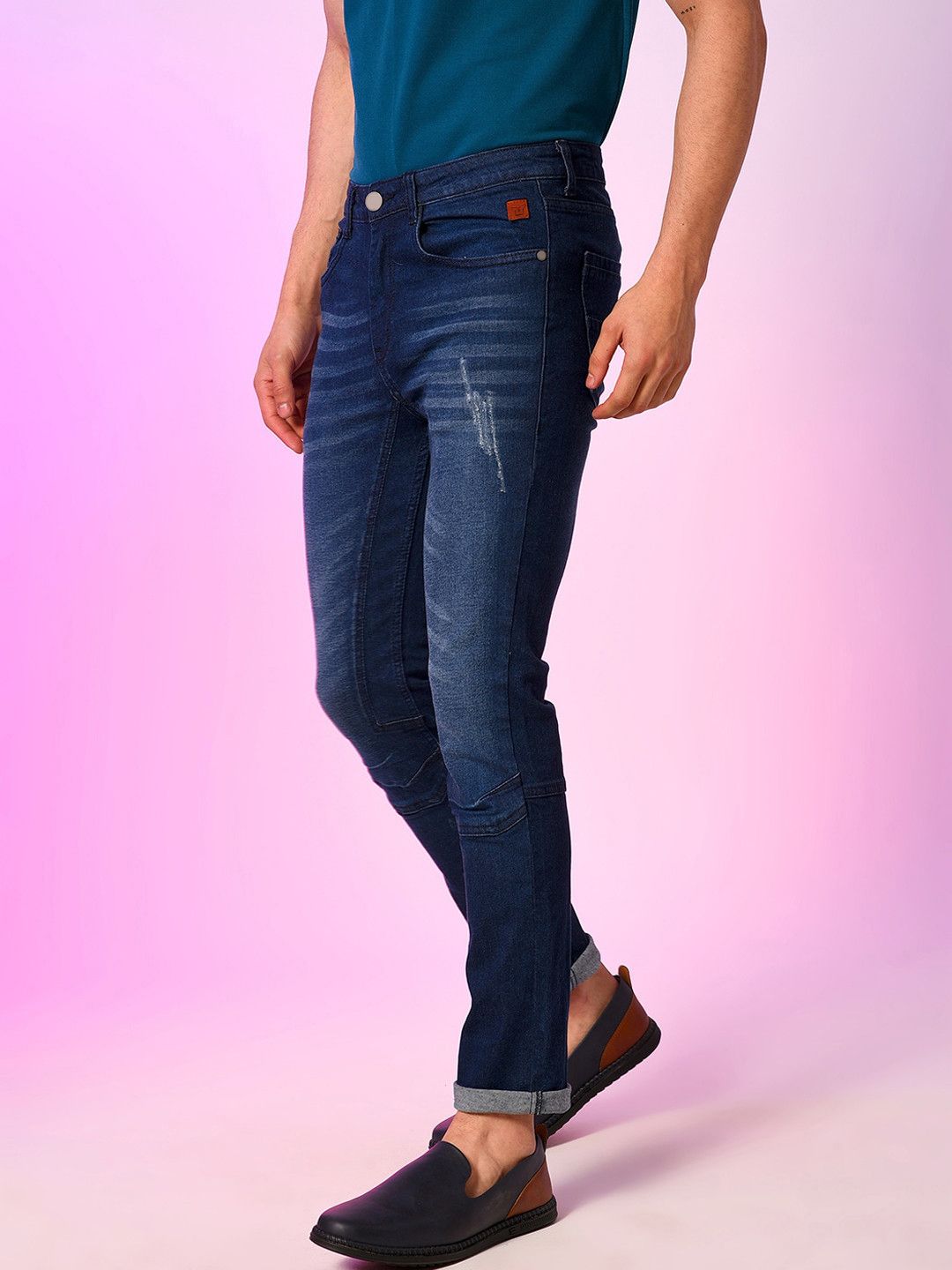 CAHOOT Men Navy Blue Smart Slim Fit Mildly Distressed Light Fade Stretchable Jeans