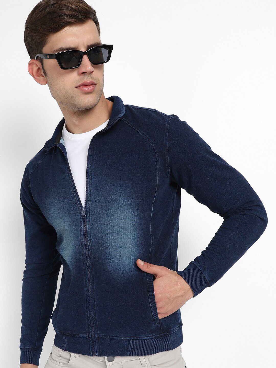 CAHOOT Navy Blue Windcheater Washed Mock Collar Cotton Bomber Jacket