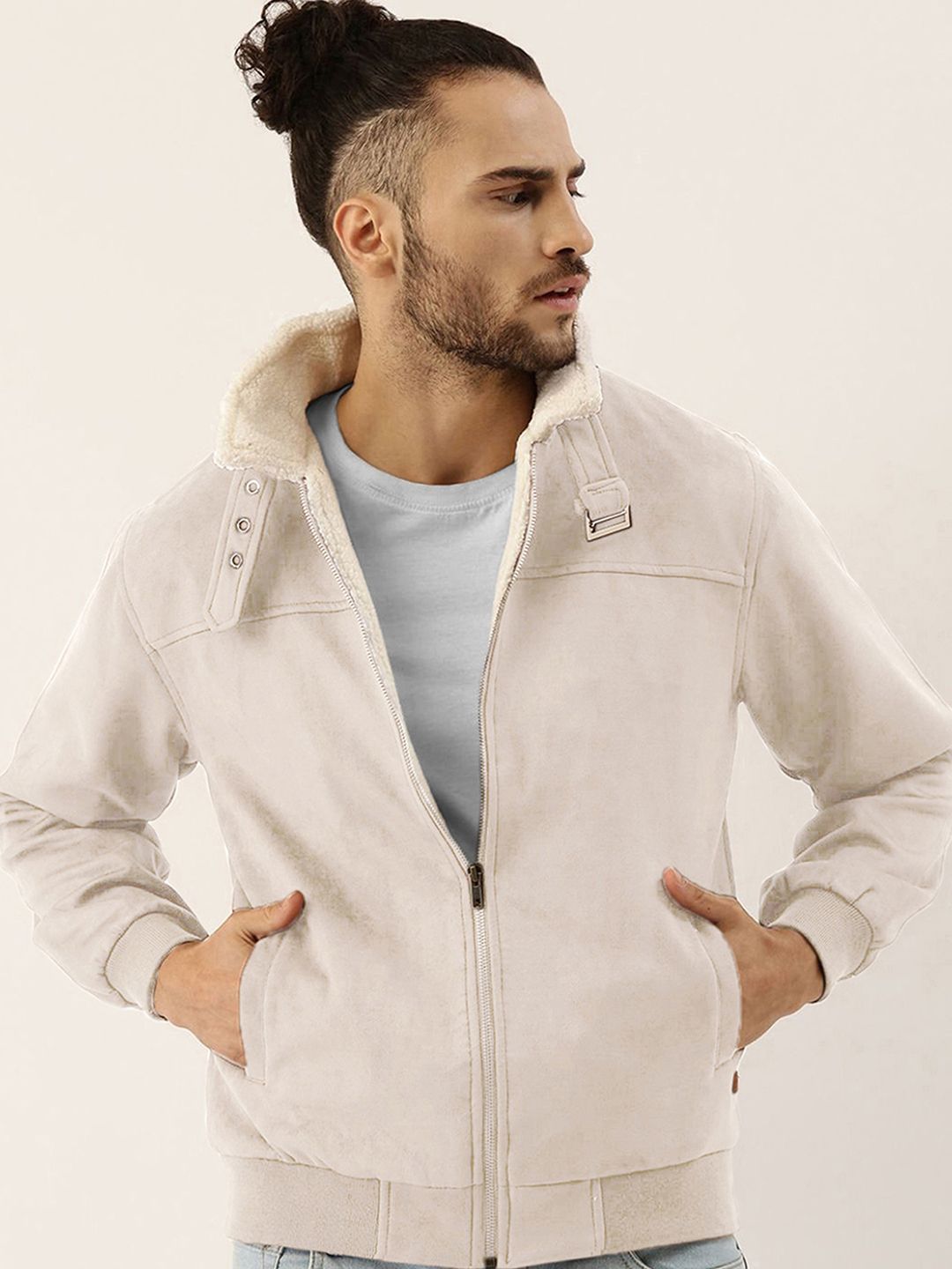 CAHOOT Men Spread Collar Solid Casual Bomber Jacket