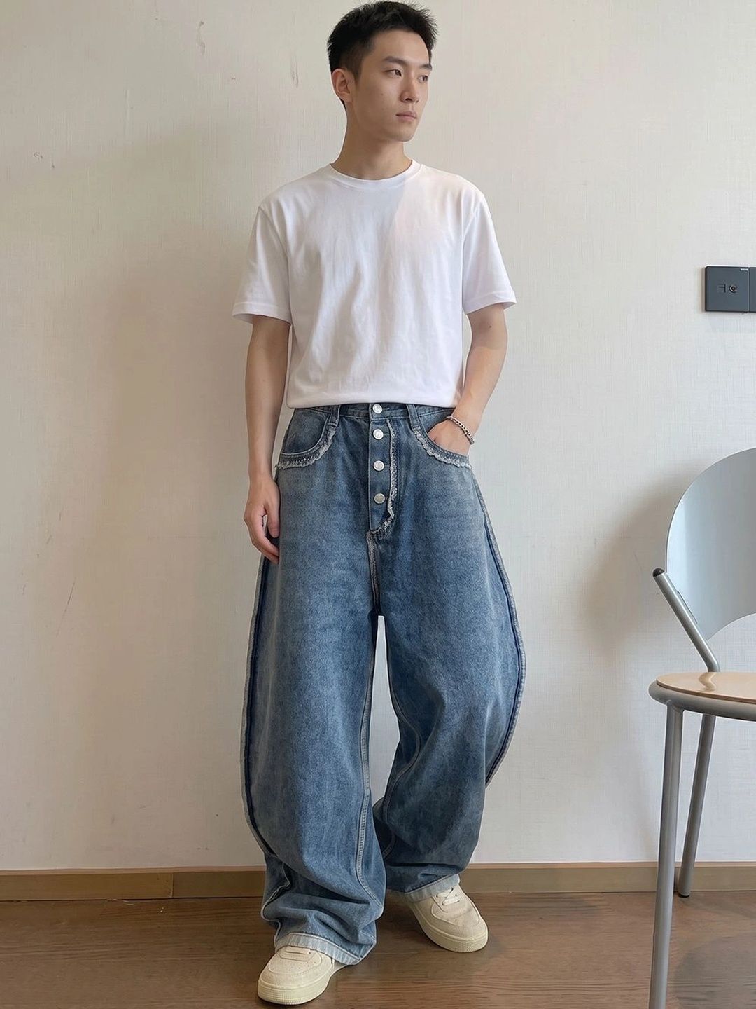 StyleCast x Revolte Men Wide Leg Mid-Rise Low Distress Heavy Fade Jeans