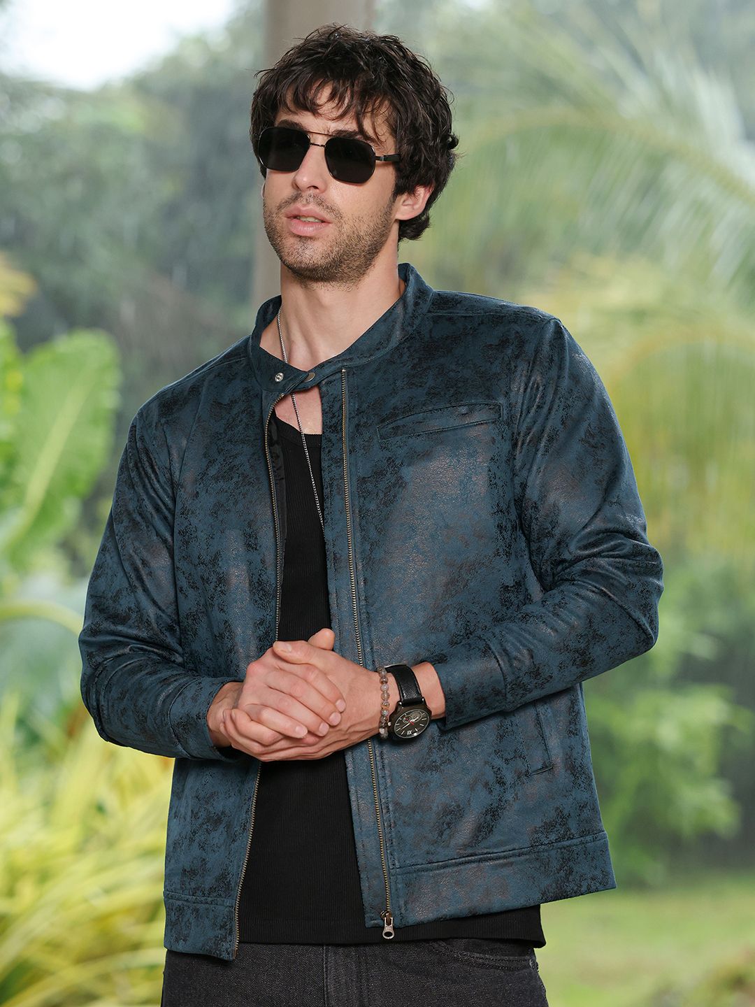 CAHOOT Men Embossed  Leather Rider Jacket