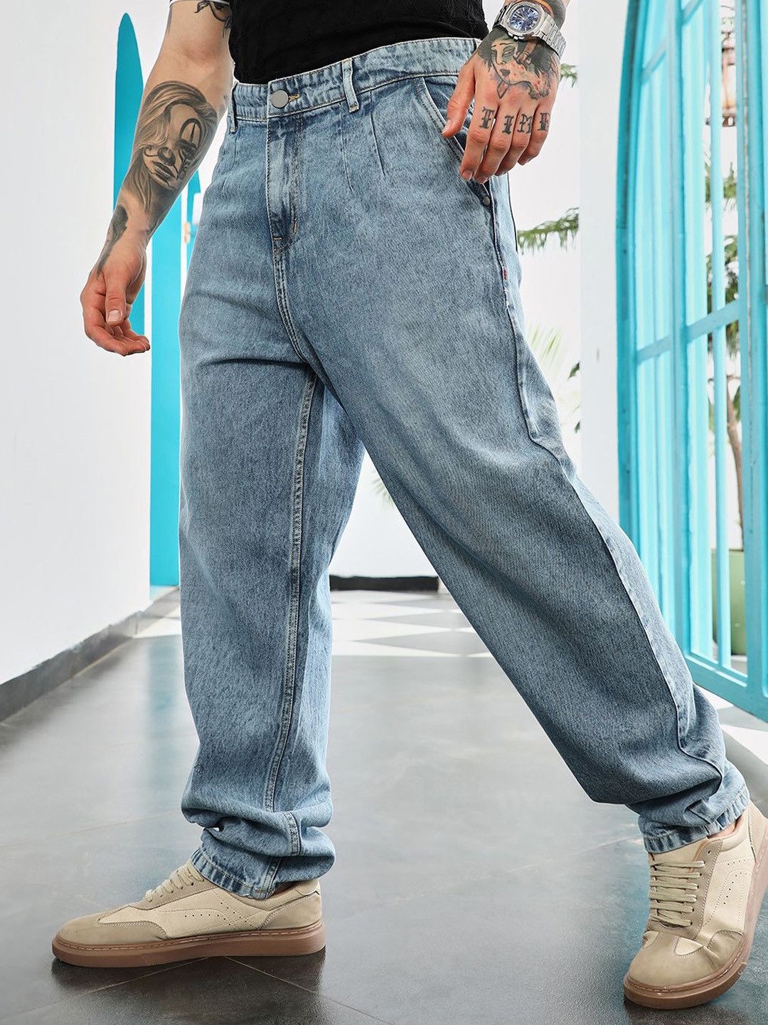 CAHOOT Men Comfort Baggy Mid-Rise Stretchable Cotton Denim Jeans
