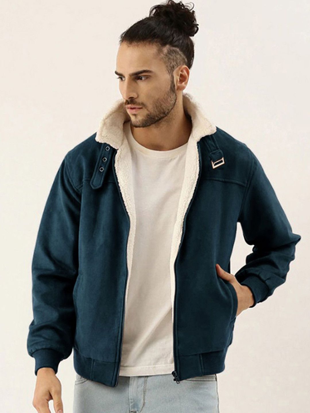 CAHOOT Men Lapel Collar Solid Casual Bomber Jacket