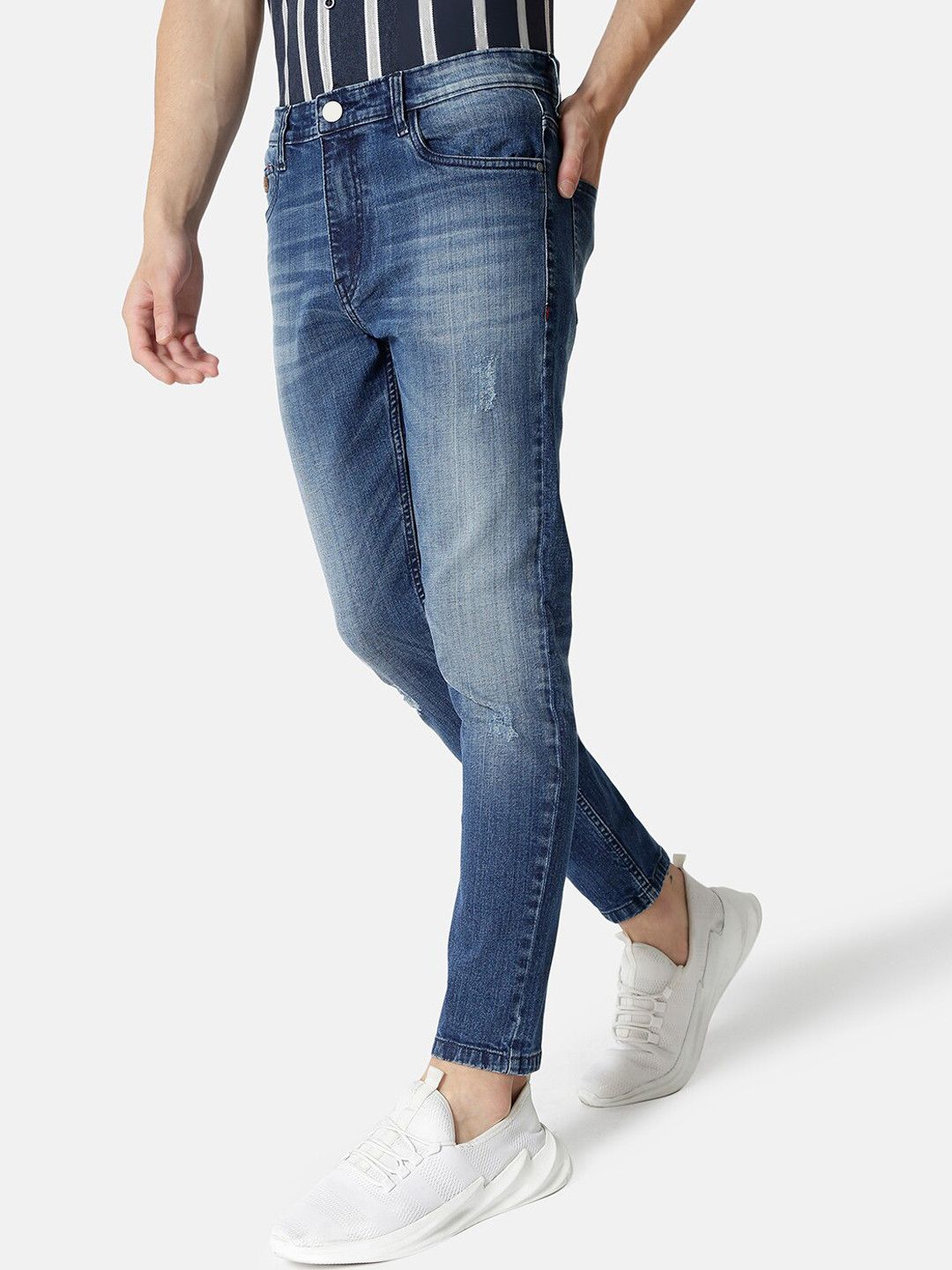 CAHOOT Men Blue Smart Slim Fit Mildly Distressed Heavy Fade Stretchable Jeans