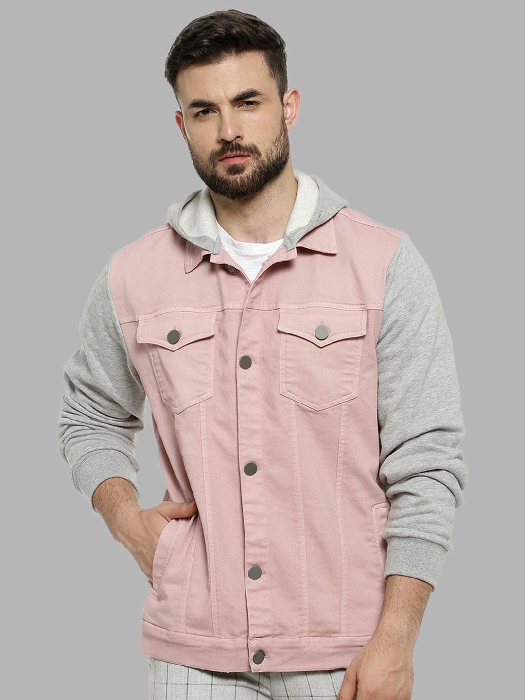 CAHOOT Men Pink Grey Windcheater Outdoor Tailored Cotton Jacket