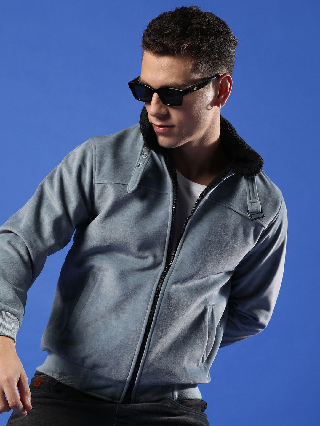 CAHOOT Campus Sutra Stand Collar Long Sleeve Zip Detail Windcheater Suede Bomber Jacket
