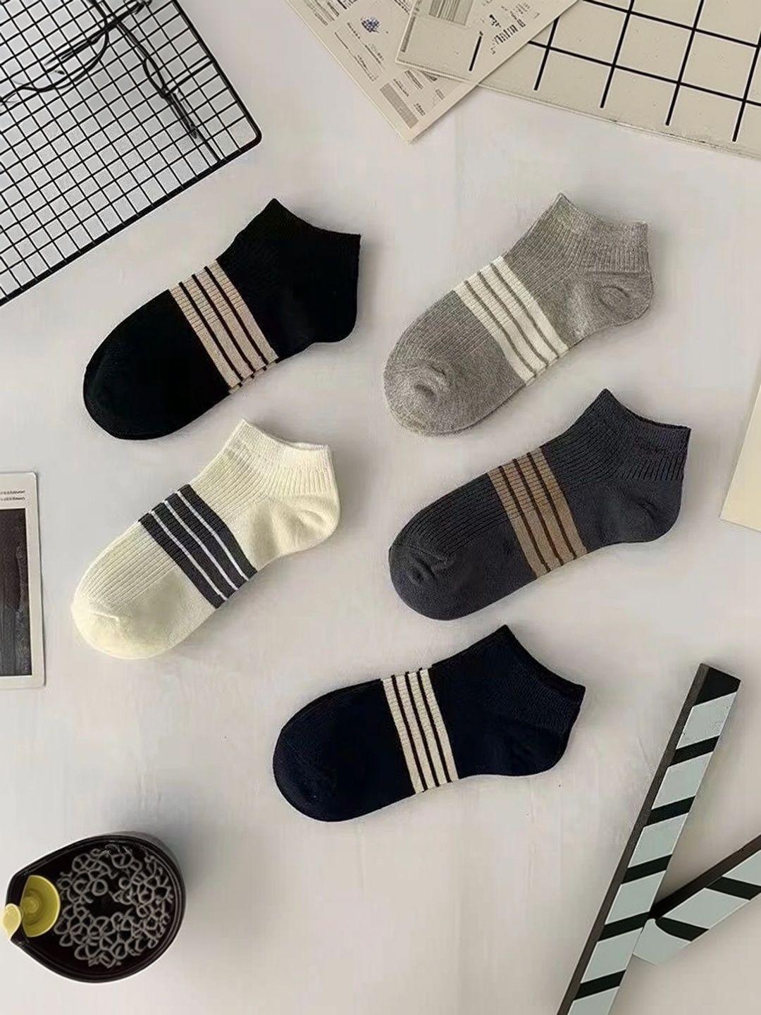 BEAR&BEYOND Men Pack of 5 Cotton Assorted Striped Ankle Length Socks