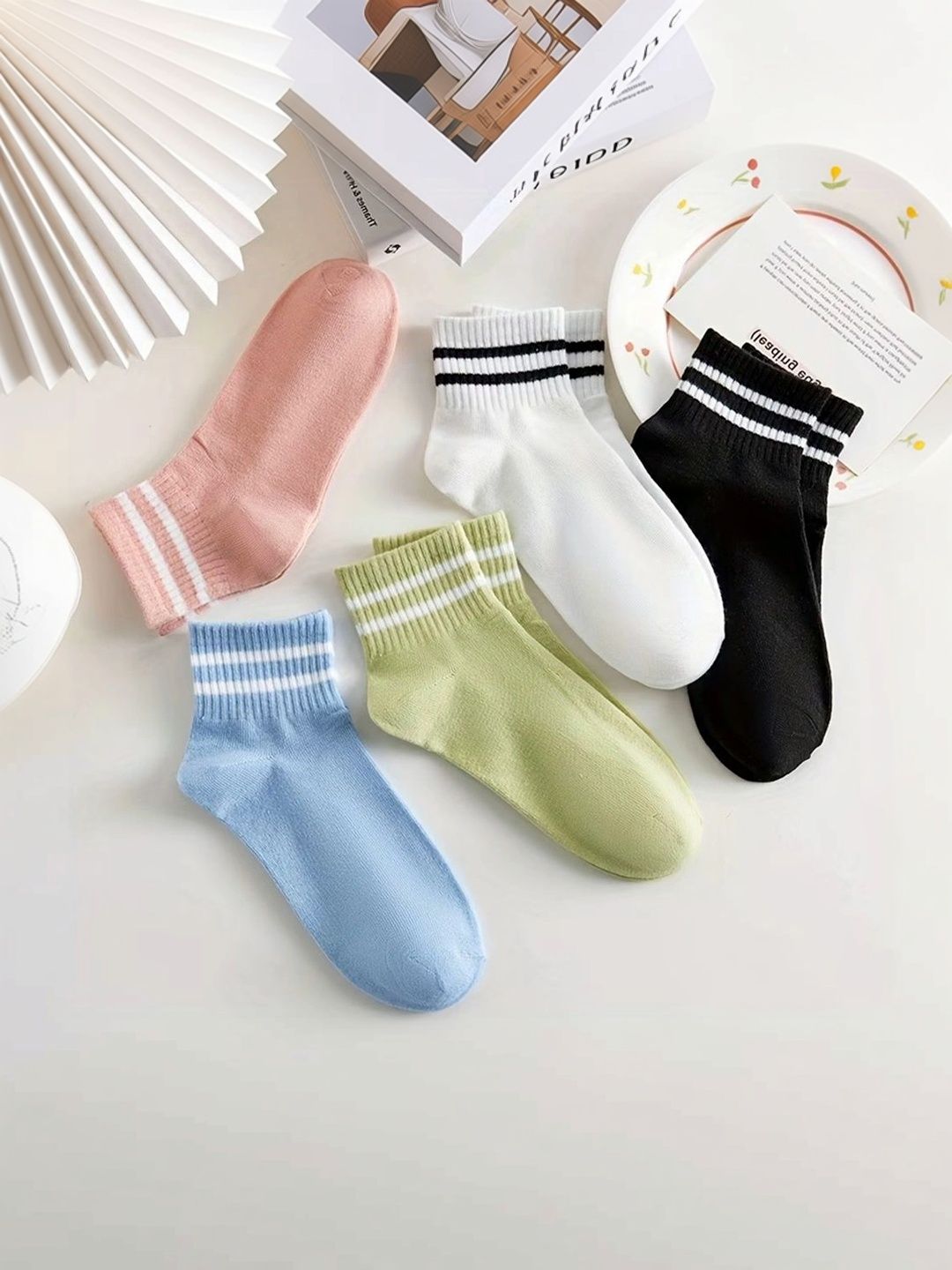BEAR&BEYOND Men Pack of 5 Cotton Assorted Striped Above Ankle Socks