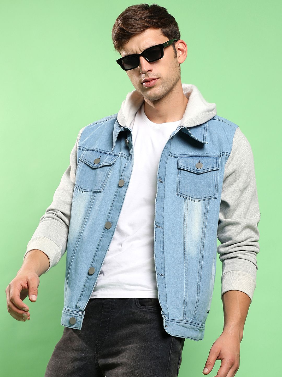 CAHOOT Campus Sutra Washed Colourblocked Hooded Windcheater Cotton Denim Jacket