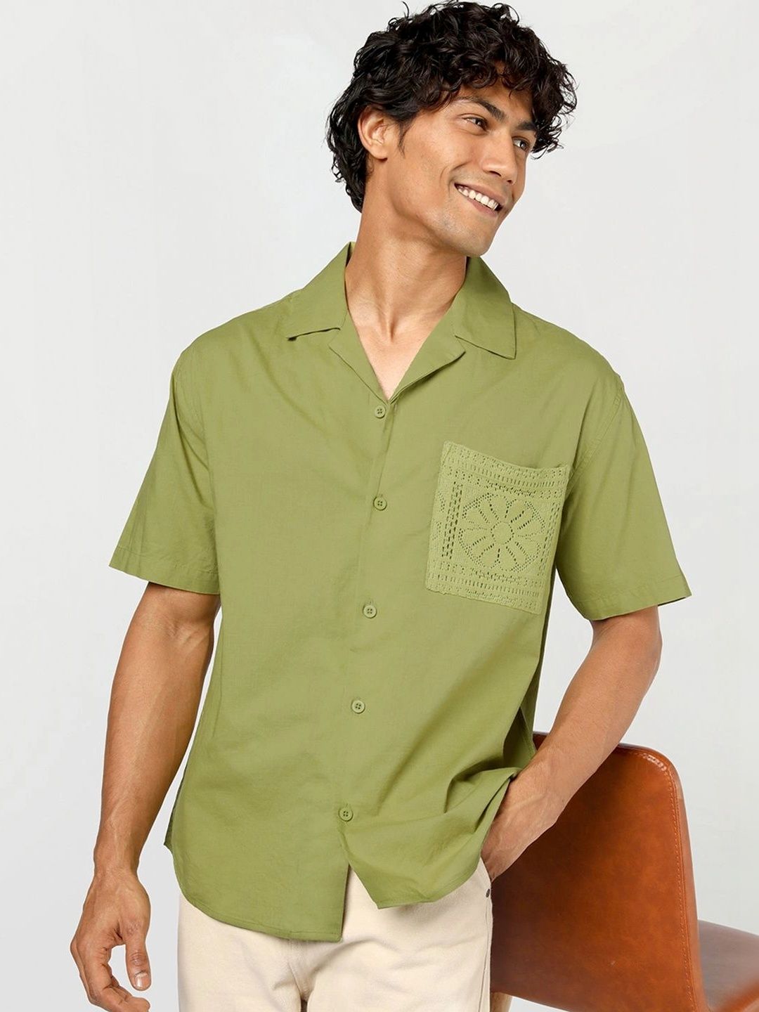 Bewakoof Men's Green Oversized Shirt