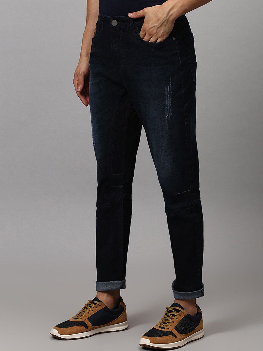 CAHOOT Men Navy Blue Slim Fit Low Distress Light Fade Stretchable Jeans
