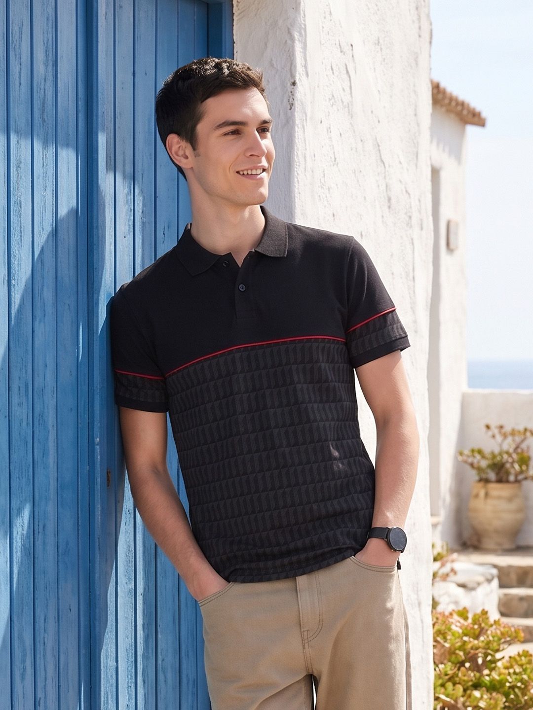 Mast & Harbour Polo Collar Geometric Printed Pure Cotton T-shirt