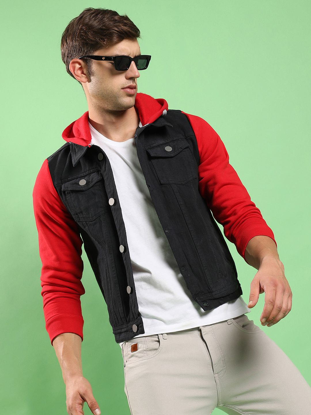 CAHOOT Campus Sutra Red & black Hooded Windcheater Cotton Denim Jacket