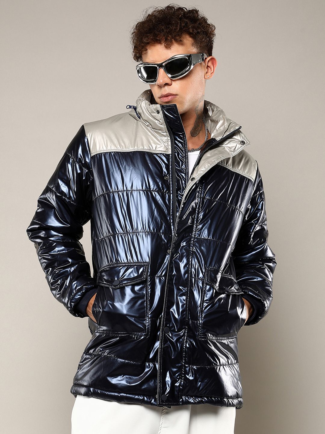 CAHOOT Men Mock Collar Colourblocked Casual Padded Jacket