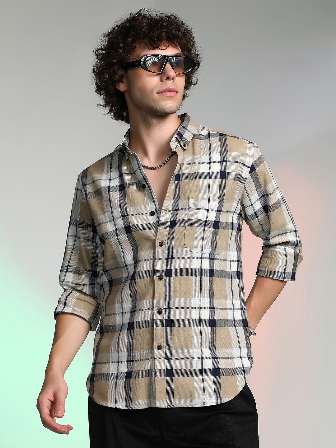 CAHOOT Men Comfort Fit Button-Down Collar Tartan Checked Cotton Casual Shirt
