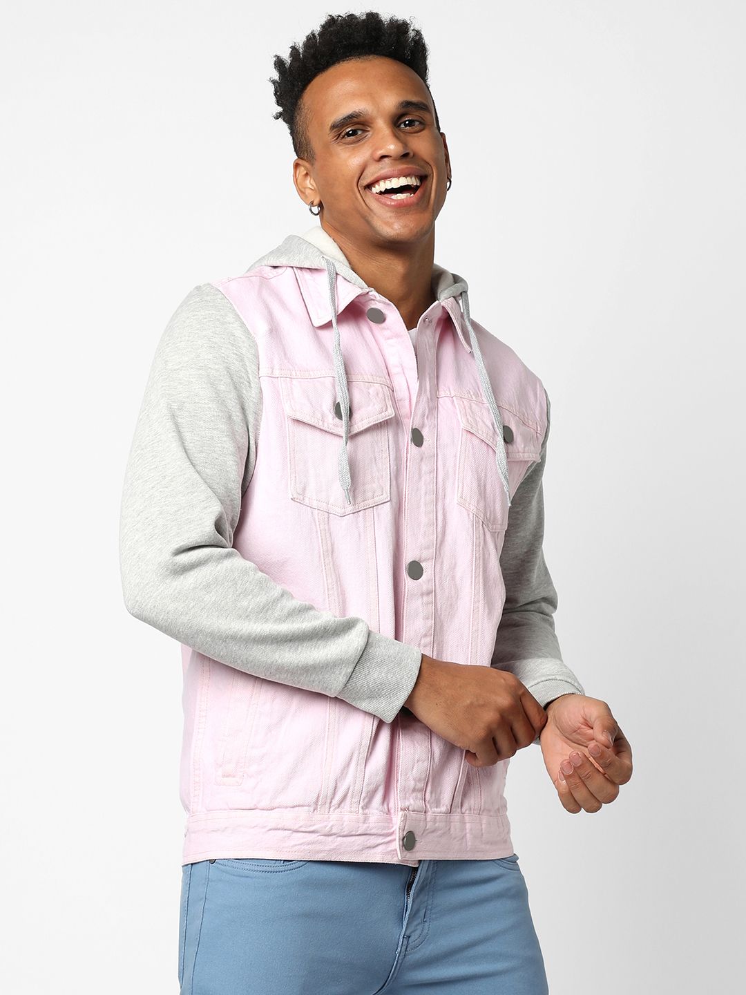 CAHOOT Men Pink Striped Windcheater Denim Jacket