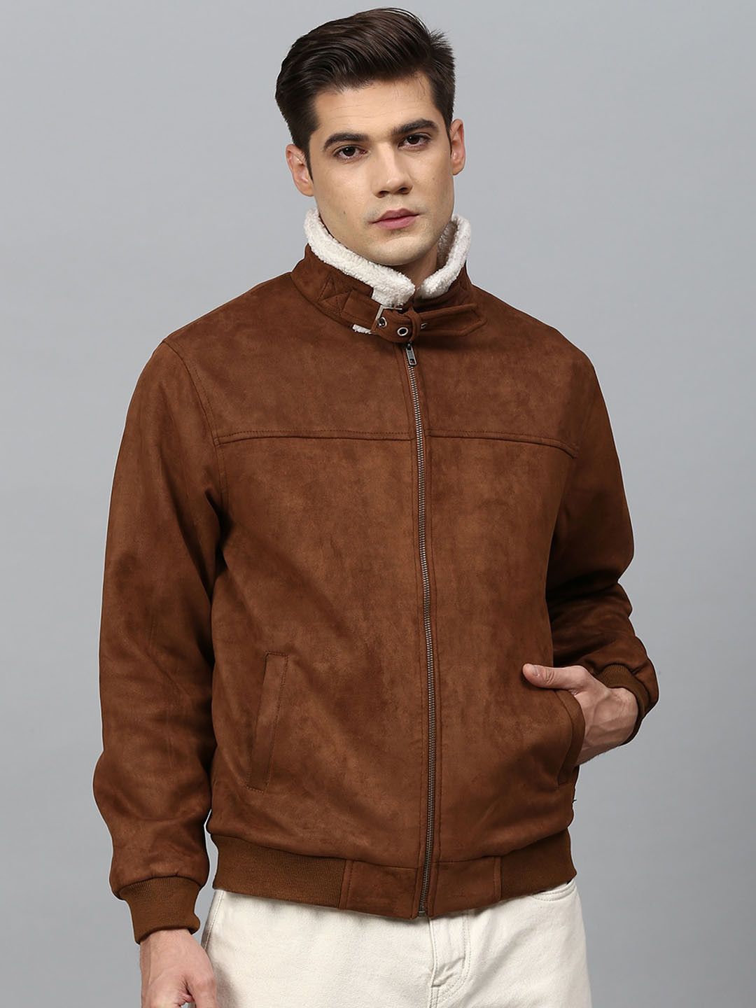 CAHOOT Men Brown White Suede Windcheater Padded Jacket