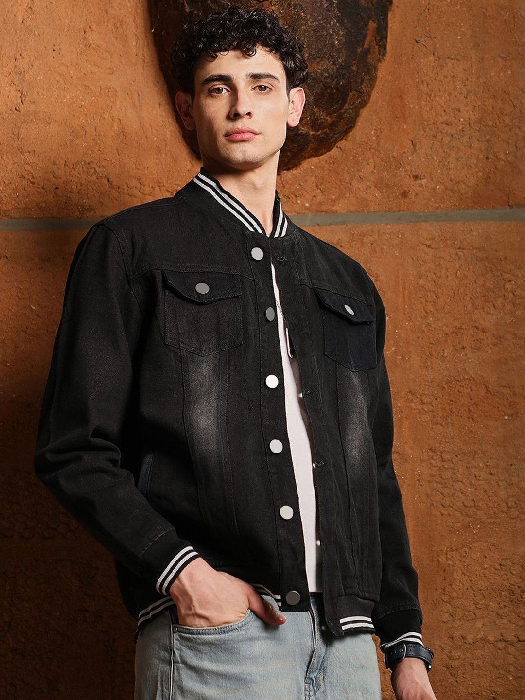 CAHOOT Spread Collar Lightweight Cotton Denim Jacket with Embroidered