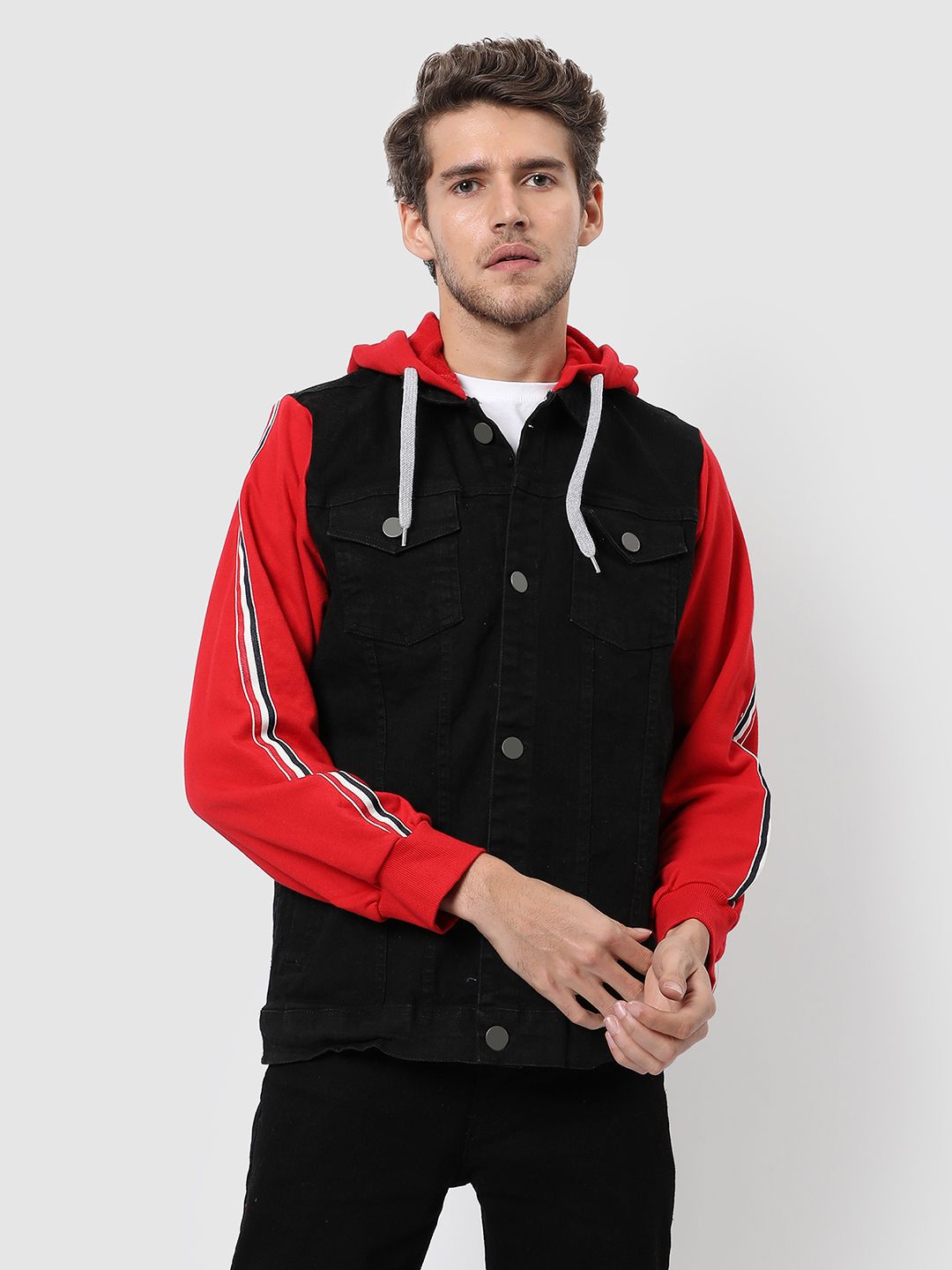 CAHOOT Men Black & Red Windcheater Longline Outdoor Denim Jacket