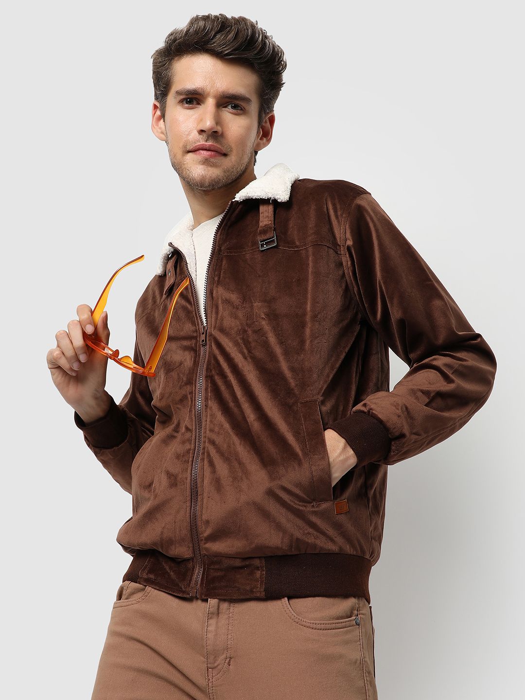 CAHOOT Men Brown Suede Bomber Jacket