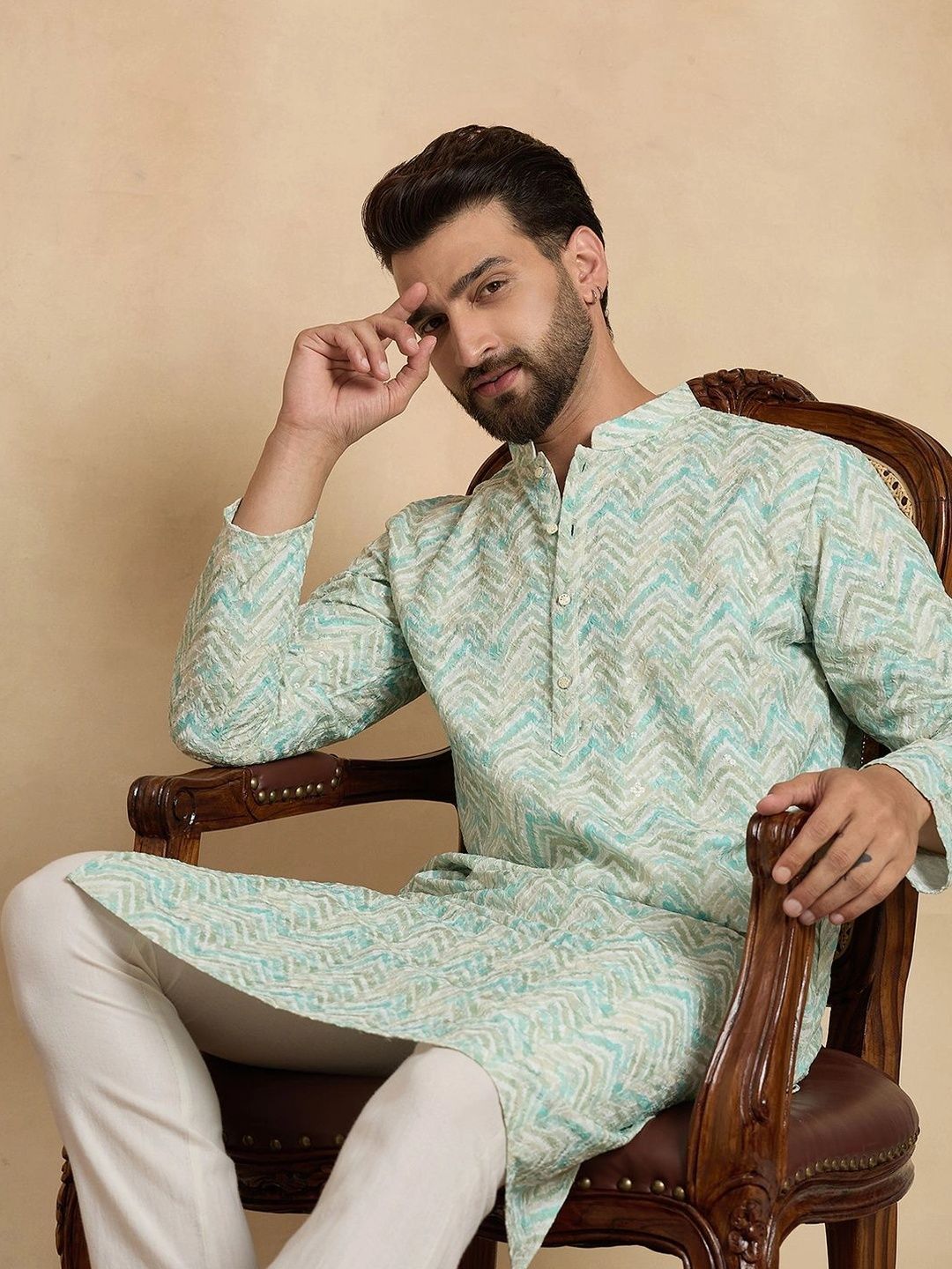 House of Pataudi Embroidered Mandarin Collar Calf Length Straight Kurta