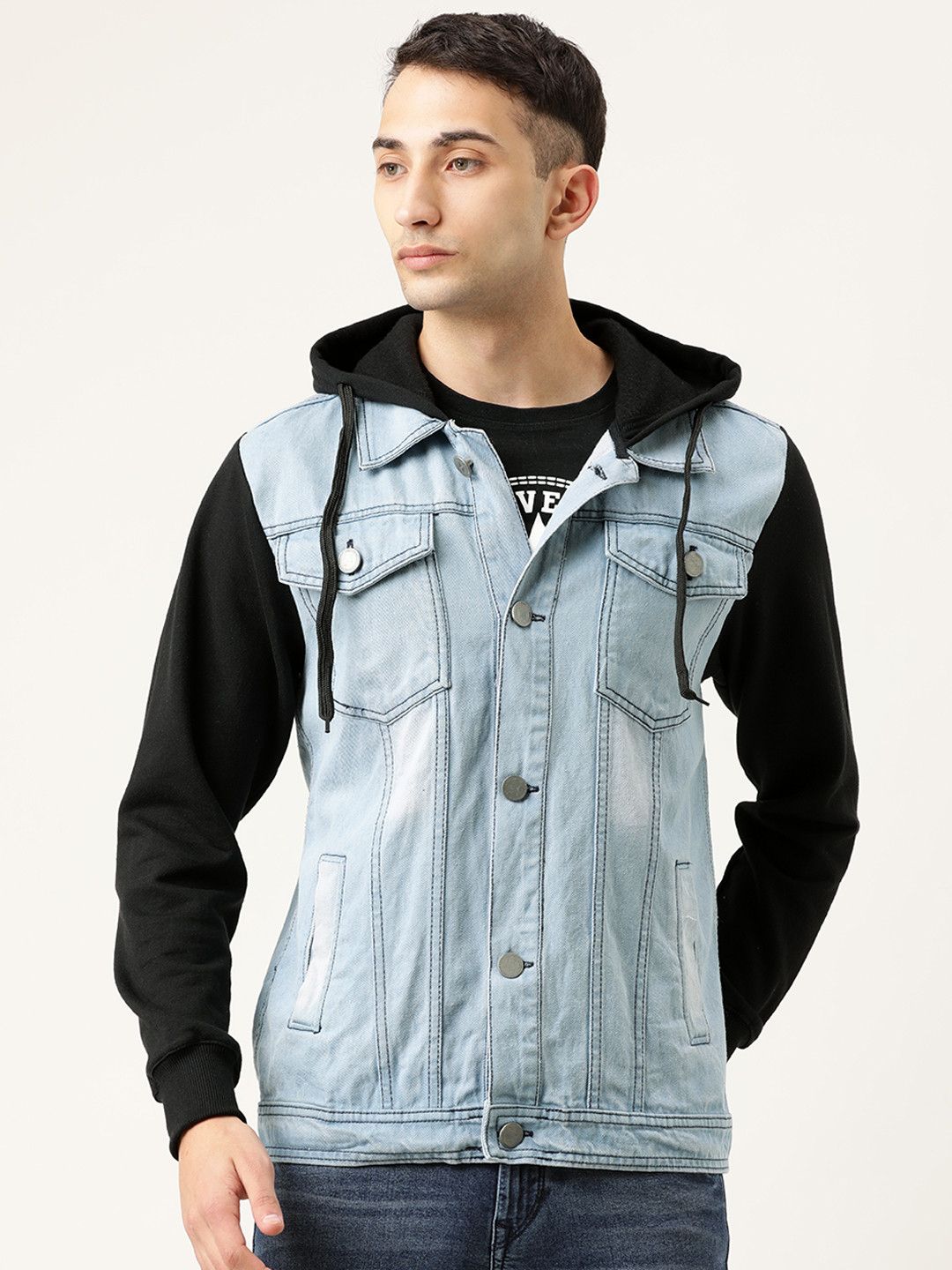CAHOOT Men Blue Washed Denim Jacket With Contrast Sleeves