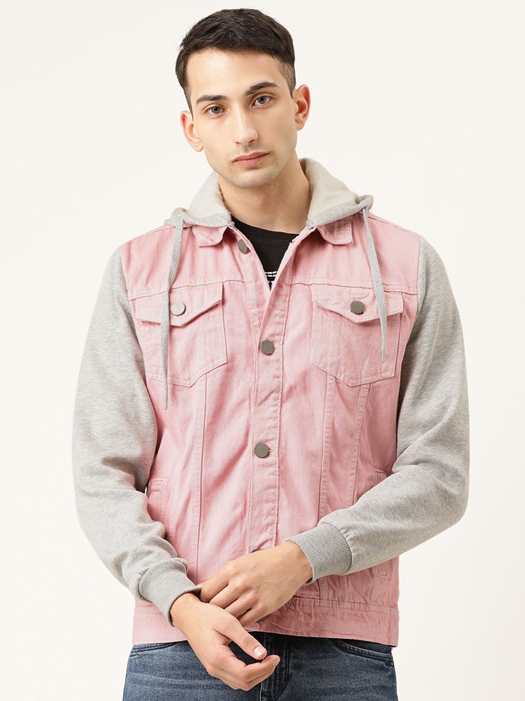 CAHOOT Men Pink Solid Denim Jacket With Contrast Sleeves