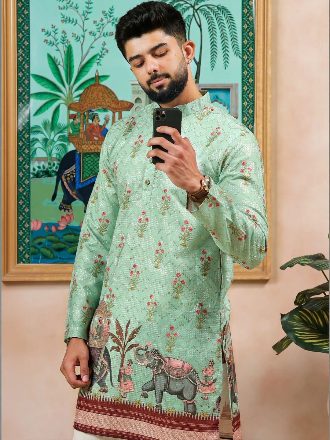 Koshin Men Floral Printed Festive Cotton Straight Kurta