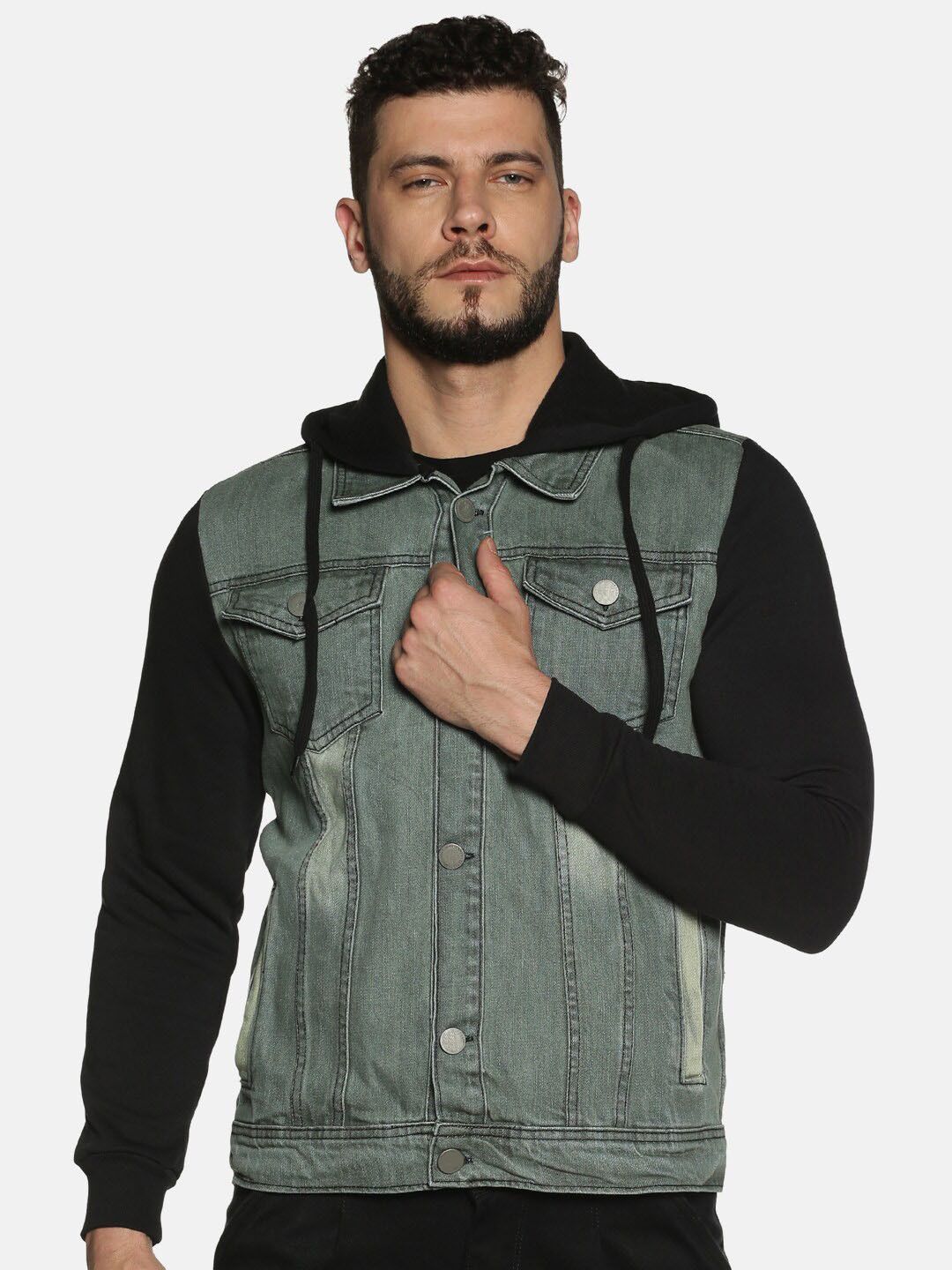CAHOOT Men Grey Colourblocked Hooded Denim Jacket