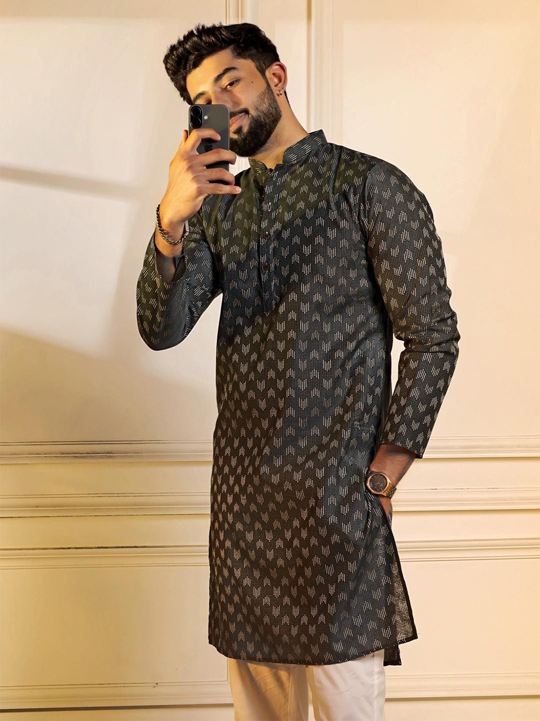 Koshin Woven Design Thread Work Mandarin Collar Straight Kurta