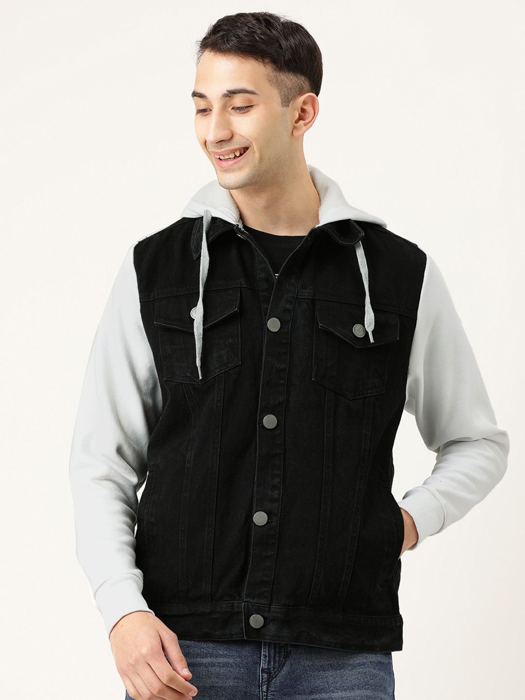 CAHOOT Men Black Solid Denim Jacket With Contrast Sleeves