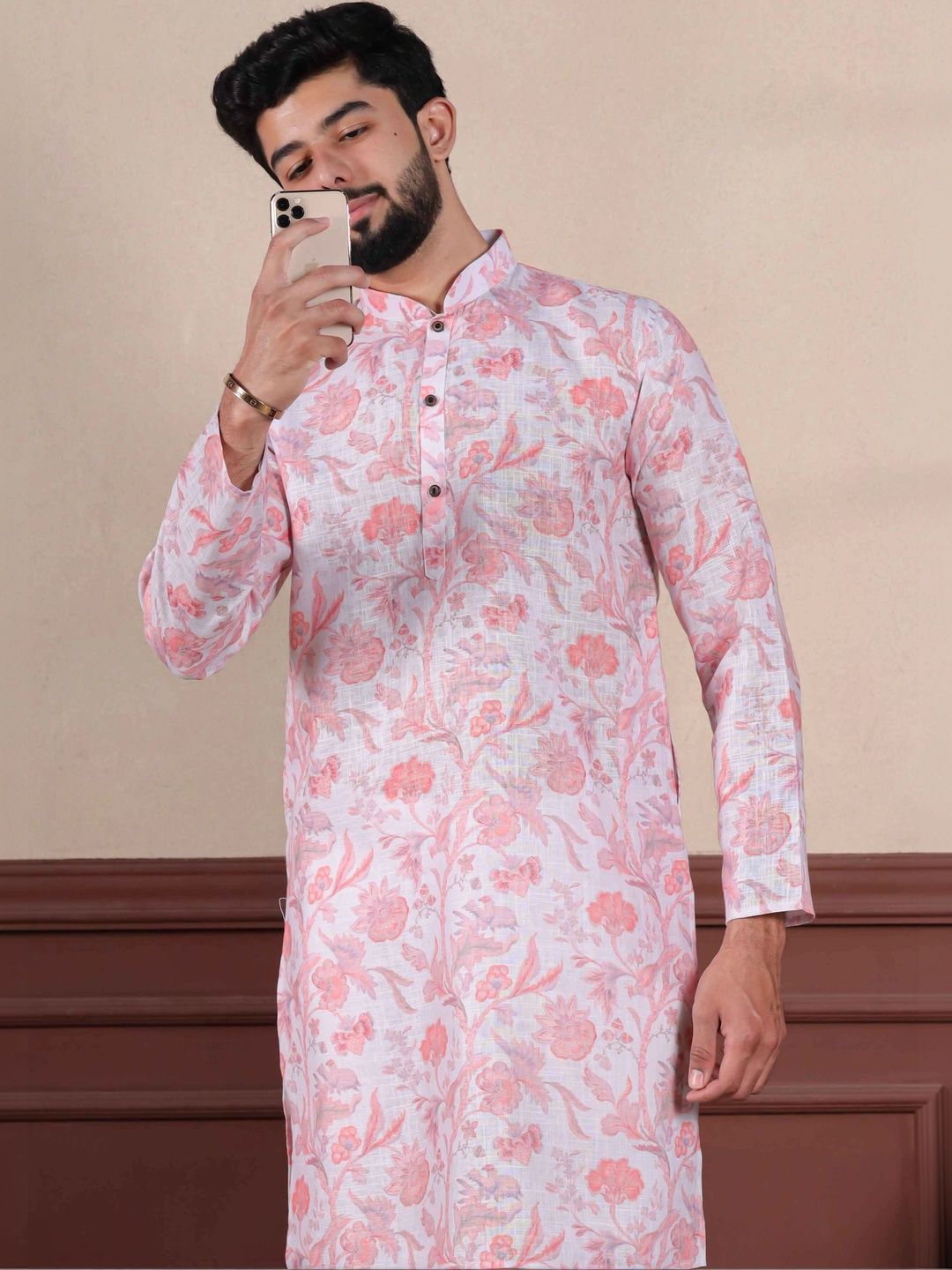 Koshin Floral Printed Mandarin Collar Linen Straight Kurta
