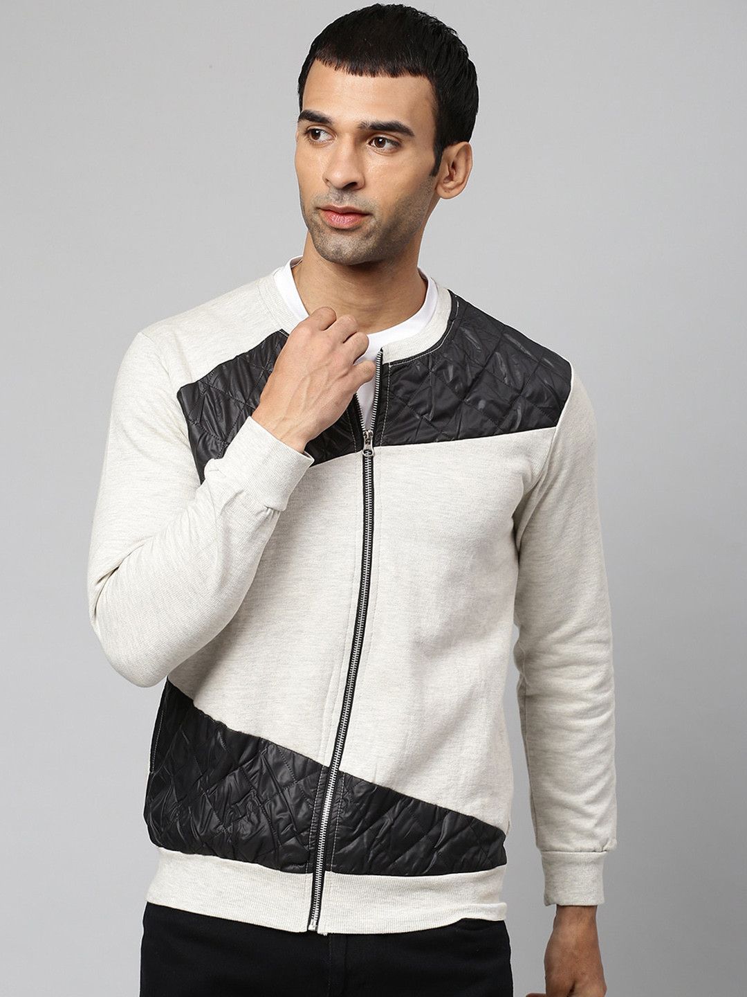 CAHOOT Men Cream-Coloured Black Colourblocked Windcheater Bomber Jacket
