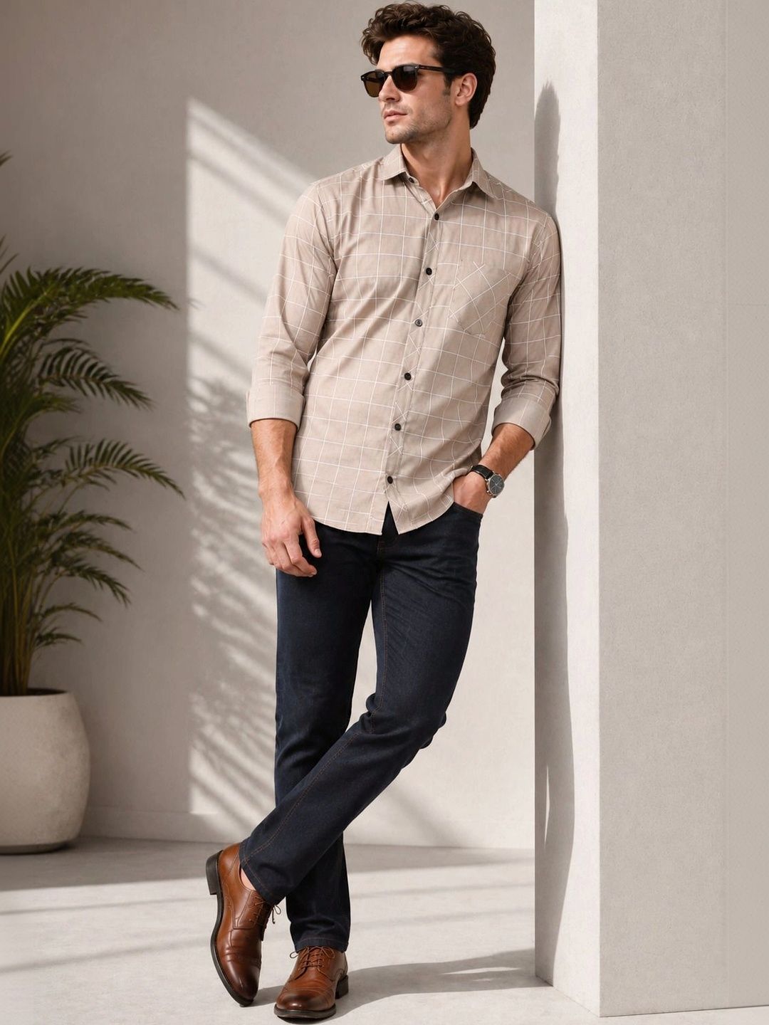 JOE AND JOHN Men Comfort Windowpane Checks Checked Casual Shirt