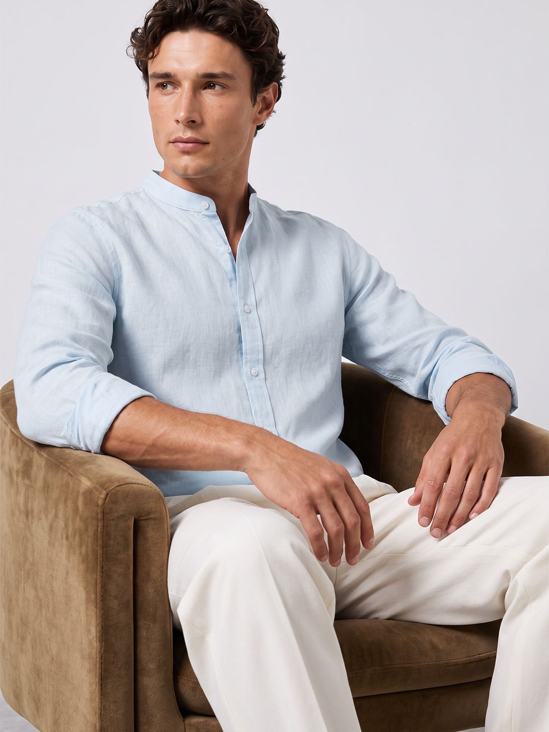 Kenneth Cole Band Collar Cotton Linen Casual Shirt