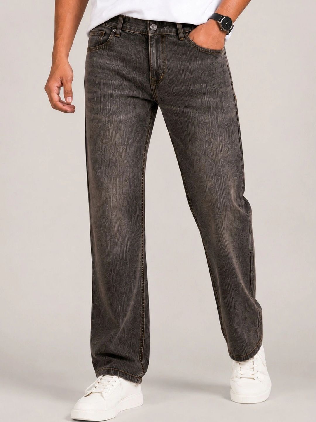 Denimora Men Straight Fit Mid-Rise Low Distress Stretchable Jeans