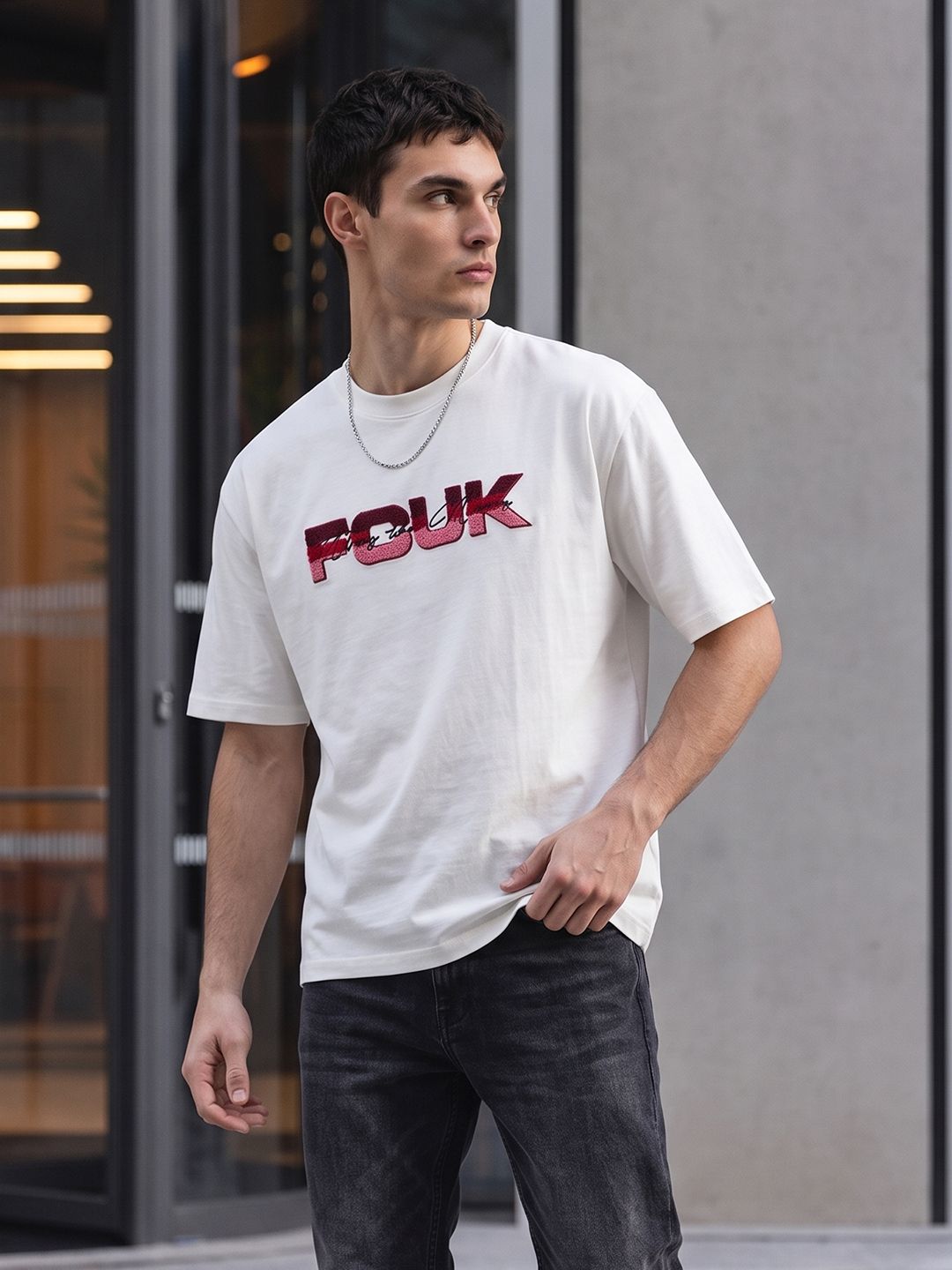 FCUK Brand Logo Embroidered Drop-Shoulder Sleeves Pure Cotton Relaxed Fit T-shirt