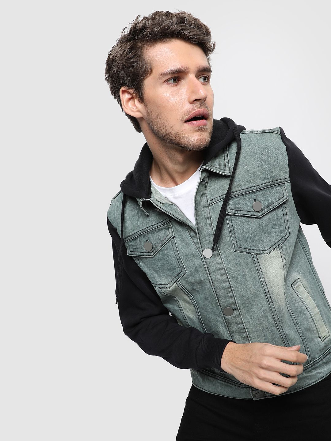 CAHOOT Men Grey & Black Colourblocked Windcheater Denim Jacket